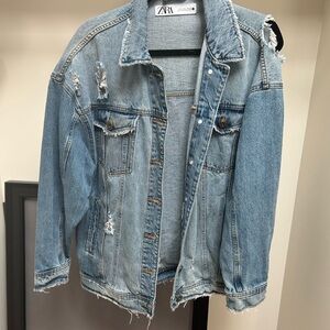 Zara Light Blue Distressed Denim Jacket. Size large. Oversized.
